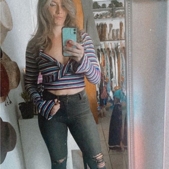 Nasty Gal Striped Crop Ruffle Vneck Bell sleeve - Picture 1 of 4